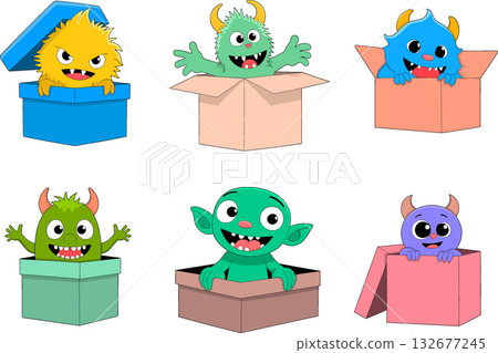 Cute Halloween Monsters Popping Out of Surprise Boxes Illustration Cute Halloween Monsters Popping Out of Surprise Boxes Illustration 132677245