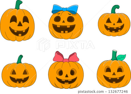 Cute Halloween Pumpkin Icon Set with Smiling Faces 132677246