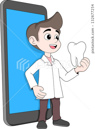 Dentist Holding Healthy Tooth Model Online Dental Care Vector Illustration 132677254