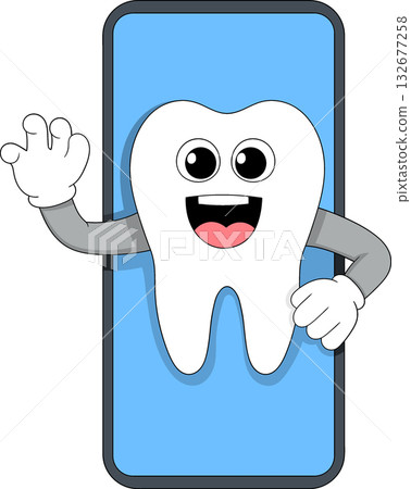 Tooth Character Waving Inside Smartphone Online Dental Care Illustration 132677258