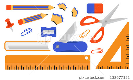 School Material Flat Illustration Set Education Back to School Stationery Objects. 132677331