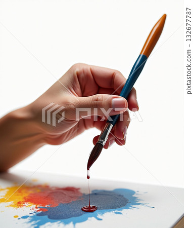 Close-up of Artist's Hand Holding Brush with Red Dropping Paint Against White Canvas 132677787