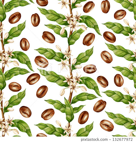 Watercolor seamless pattern featuring coffee tree branches, white flowers, and brown beans. Ideal for cafe menus, coffee shop branding, packaging, and textile design. 132677972