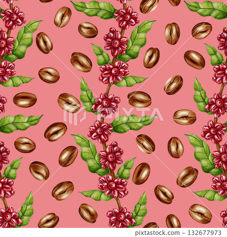 A watercolor seamless pattern with coffee twigs, red berries and leaves, and roasted coffee beans. Perfect for coffee shop branding, packaging design, menus, and textile prints. 132677973