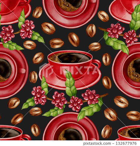 A watercolor seamless pattern with red coffee cups, beans, and coffee branches. Perfect for coffee shop branding, menus, packaging, and textile prints. 132677976