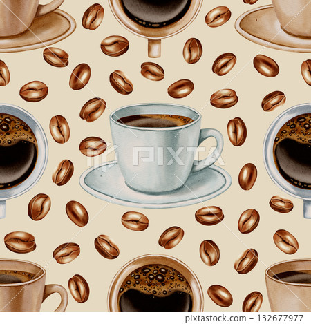 A seamless watercolor pattern featuring pastel coffee cups and roasted coffee beans. Perfect for coffee shop branding, menus, packaging, and textile prints. 132677977