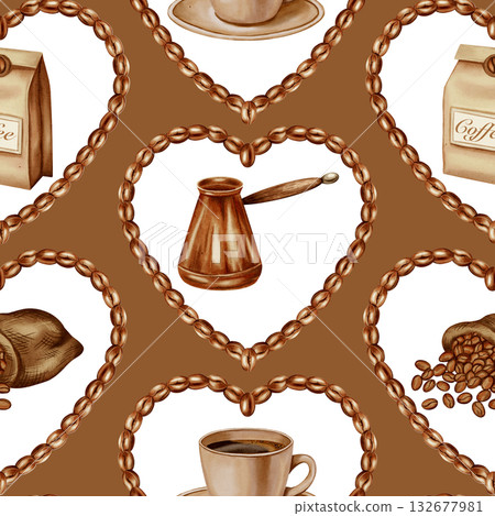Hand-painted watercolor seamless pattern with coffee bean hearts, Turk pot, cup, and sack. Ideal for coffee shops, romantic packaging, menu backgrounds, and store display. 132677981