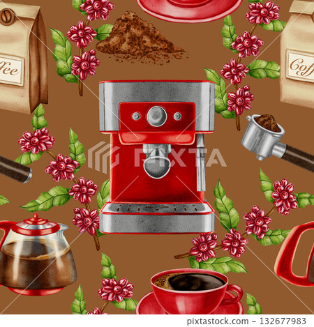 Hand painted watercolor seamless pattern of a coffee machine, portafilter, pot, and cup. Perfect for modern coffee shops, cafe branding, menu, and packaging. Hand painted watercolor seamless pattern of a coffee machine, portafilter, pot, and cup. Perfect for modern coffee shops, cafe branding, menu, and packaging. 132677983