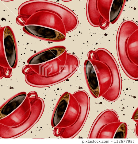 A watercolor seamless pattern with red coffee cups, beans, and coffee branches. Perfect for coffee shop branding, menus, packaging, and textile prints. 132677985
