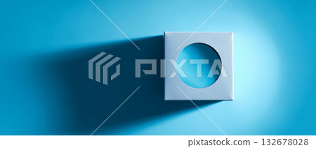 A white box with a circular cutout on top, casting a shadow against a blue background A white box with a circular cutout on top, casting a shadow against a blue background 132678028