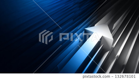 A large, shiny arrow pointing upward on a background of blue and white stripes A large, shiny arrow pointing upward on a background of blue and white stripes 132678101
