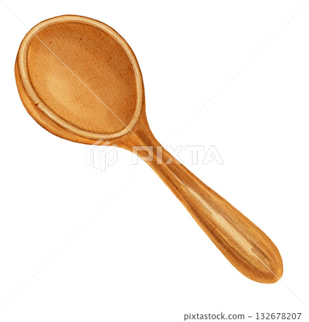 Watercolor drawing of a simple wooden spoon. Useful for recipe layouts, kitchen utensil designs, cooking blogs, and rustic or natural culinary themes. Watercolor drawing of a simple wooden spoon. Useful for recipe layouts, kitchen utensil designs, cooking blogs, and rustic or natural culinary themes. 132678207