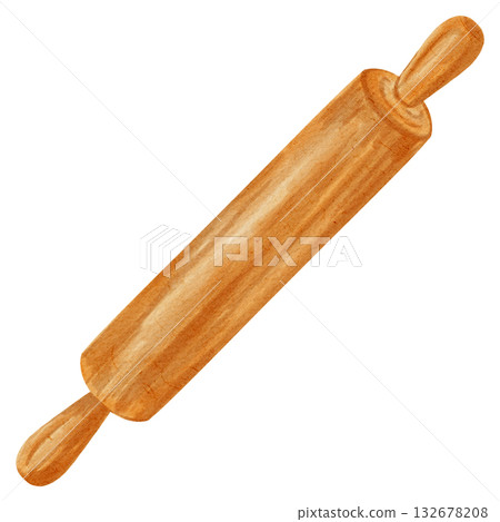 Watercolor illustration of a classic wooden rolling pin. A rolling pin for dough. An indispensable kitchen tool for working with dough, baking, and pastry, it's ideal for cookbooks and other materials Watercolor illustration of a classic wooden rolling pin. A rolling pin for dough. An indispensable kitchen tool for working with dough, baking, and pastry, it's ideal for cookbooks and other materials 132678208