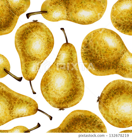 A seamless hand-drawn watercolor pattern featuring ripe yellow pears. A great choice for packaging, textiles, wrapping paper, wallpaper, and fabric designs. 132678219