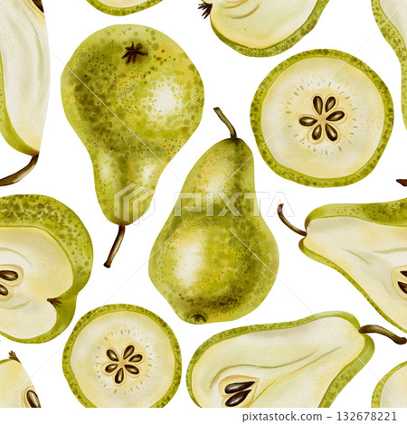 Hand painted watercolor seamless pattern with various pear slices, halves, and whole fruits. Ideal for food packaging, textile, menu backgrounds, and modern design 132678221