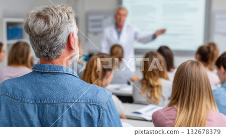 Rear view of adult student with gray hair listening to professor during classroom lecture in university setting 132678379
