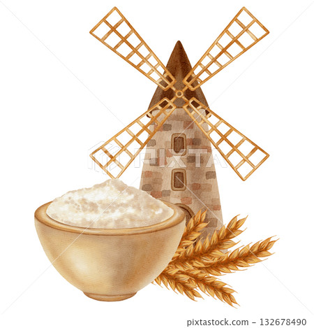 Watercolor illustration depicting a village mill, sacks, and bowls of white wheat flour. Ideal for branding, packaging, and harvesting, as well as advertising bakery, farm, and organic products 132678490