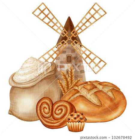 Watercolor illustration featuring a mill, flour, bread, buns, and a croissant. Ideal for branding, packaging, and harvesting, as well as advertising bakery, farm, organic products, cookbooks, recipes Watercolor illustration featuring a mill, flour, bread, buns, and a croissant. Ideal for branding, packaging, and harvesting, as well as advertising bakery, farm, organic products, cookbooks, recipes 132678492