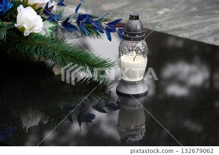 Memorial Candle and Flowers. Day of the dead. Cemetery Candles. Memorial Candle and Flowers. Day of the dead. Cemetery Candles. 132679062