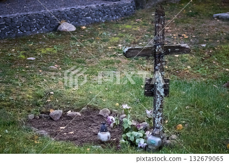 Rustic Wooden Cross in Graveyard Rustic Wooden Cross in Graveyard 132679065