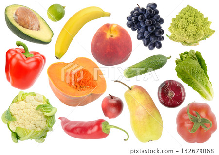 Healthy Food Composition of Mixed Fresh Produce Rich in Vitamins and Nutrients Isolated on White 132679068