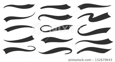 Swoosh vector tails for baseball logo. Swash font lines for sport design. Calligraphic vintage decoration. Retro brush strokes. Curve ribbons and flourishes. 132679643