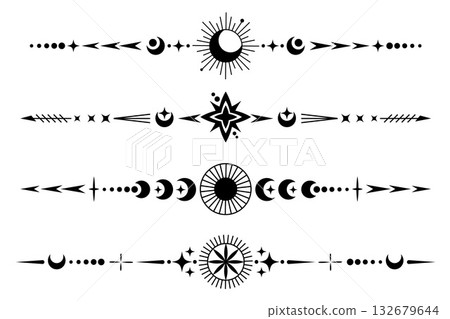 Celestial frame with magic moon and stars. Line ornament frame with mystic astrology symbols. Spiritual tarot vintage pattern with moon. Esoteric divider and separator for text Celestial frame with magic moon and stars. Line ornament frame with mystic astrology symbols. Spiritual tarot vintage pattern with moon. Esoteric divider and separator for text 132679644
