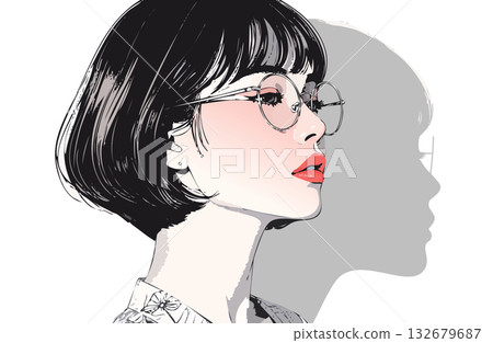 一位留著及肩短髮、戴眼鏡的女性側面像（有陰影）。 132679687