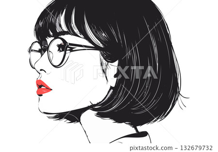 一位戴著眼鏡、留著齊耳短髮的女性側面像。 132679732
