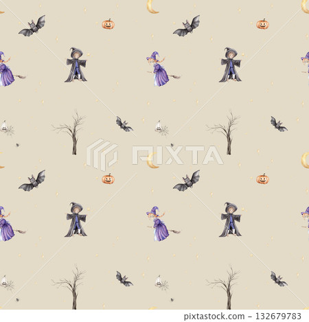 Seamless pattern Trick or treat for Halloween. Repeat background with wizard, fairy or witch on broomstick, tree without leaves and pumpkin. Hand drawn fantasy illustrations for kid's for repeat print 132679783