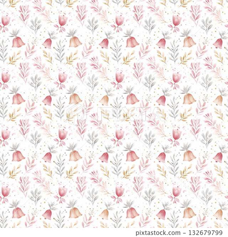 Seamless Pattern Coquette Christmas Bells in Soft Watercolor Pastels Elegant Vintage Feminine Charm 132679799