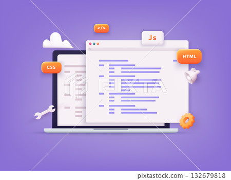 Website programming and coding. Web development and coding. 3D Vector Illustrations. 132679818