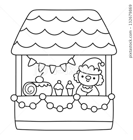 Christmas black and white fair stand with elf selling sweets, pudding, cupcakes. Santa Claus market stall. New Year winter vending tent or mobile bakery shop line illustration, coloring page for kids 132679869
