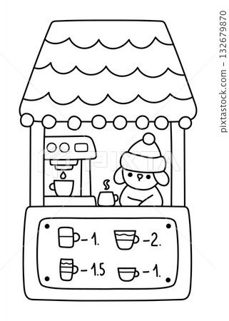 Christmas black and white fair stand with dog selling hot drinks, tea, cacao. Santa Claus market stall with animal barista. New Year winter coffee shop line illustration, coloring page for kids 132679870