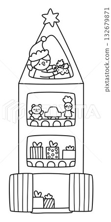 Santa Claus black and white toy factory tower with windows showing conveyor belt with gift boxes, toys and elf making cake. Cute Christmas or New Year plant line illustration, coloring page for kids 132679871