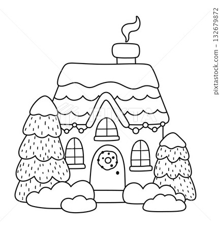Vector black and white cartoon decorated house with snow, garlands, snowflakes. Cute Christmas home illustration. New Year or winter holiday cottage line icon, coloring page 132679872