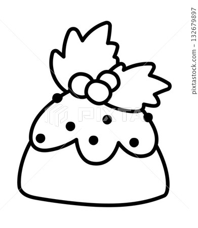 Vector black and white Christmas pudding with holy leaves and berries. Cute funny illustration of new year pastry. Traditional winter cake or dessert line icon, coloring page Vector black and white Christmas pudding with holy leaves and berries. Cute funny illustration of new year pastry. Traditional winter cake or dessert line icon, coloring page 132679897
