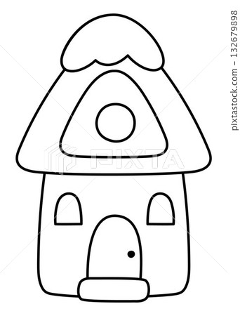 Vector black and white minimalist cartoon house with roof covered with snow. Cute Christmas home illustration. New Year or winter holiday cottage line icon, coloring page 132679898