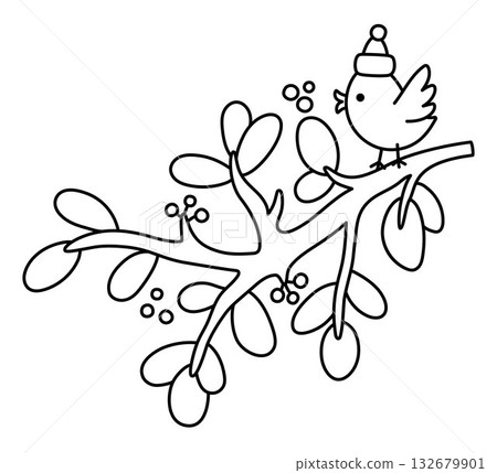 Vector black and white cartoon bird sitting on snow covered twig with berries, leaves. Christmas animal clipart. Cute new year animal illustration for kid. Winter holiday line icon, coloring page 132679901