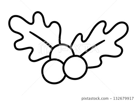 Vector black and white holly leaves and berries isolated on white background. Cute funny line illustration of new year symbol. Christmas coloring page for decorations or design Vector black and white holly leaves and berries isolated on white background. Cute funny line illustration of new year symbol. Christmas coloring page for decorations or design 132679917
