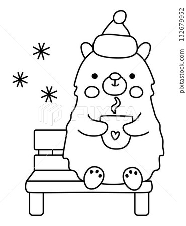 Vector black and white cartoon polar bear in warm hat drinking hot drink. Christmas animal sitting on bench clipart. Cute new year illustration for kids. Winter holiday line icon, coloring page 132679952