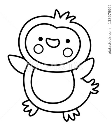 Vector black and white cartoon penguin clipart. Christmas or Arctic joyful bird. Cute new year illustration for kids. Winter holiday animal line icon or coloring page Vector black and white cartoon penguin clipart. Christmas or Arctic joyful bird. Cute new year illustration for kids. Winter holiday animal line icon or coloring page 132679963