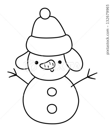 Vector black and white cartoon Christmas snowman in hat clipart. Cute new year symbol illustration for kids. Winter holiday snow man line icon or coloring page 132679965