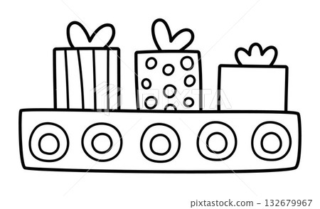 Vector black and white conveyor belt with gift boxes. Santa Claus toy factory element with presents. Cute Christmas or New Year plant line illustration or coloring page for kids 132679967