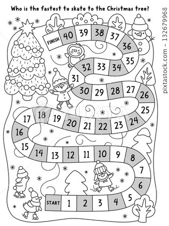 Christmas village black and white board game with animals and elves skating on skates to fir tree. Line races boardgame with snowman, penguin. Winter holiday printable activity, coloring page 132679968