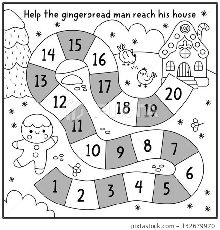Christmas village black and white board game with gingerbread man going home. Line boardgame with snowy landscape, house. Winter holiday printable activity, coloring page 132679970