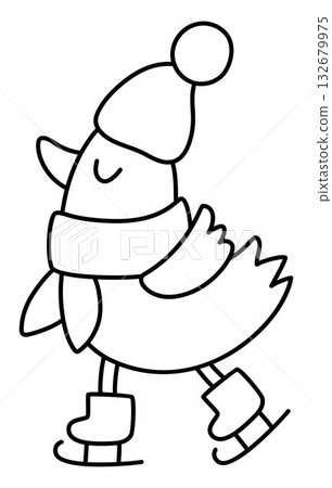 Vector black and white cartoon Christmas bird in warm hat and scarf clipart. Cute new year little sparrow illustration for kids. Winter holiday animal with skates line icon, coloring page 132679975