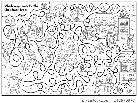 Christmas village black and white maze with animals and Santa Claus going to fir tree. Line detailed labyrinth game with market, houses, deer. Winter holiday printable activity, coloring page 132679976