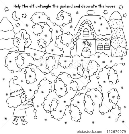 Christmas village black and white maze with elf decorating house with garland. Line labyrinth game with dwarf untangling lights and ornaments. Winter holiday printable activity, coloring page 132679979