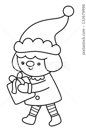 Vector black and white cartoon Christmas elf in hat holding present clipart. Cute new year symbol gnome illustration for kids. Winter holiday dwarf with gift line icon, coloring page Vector black and white cartoon Christmas elf in hat holding present clipart. Cute new year symbol gnome illustration for kids. Winter holiday dwarf with gift line icon, coloring page 132679998